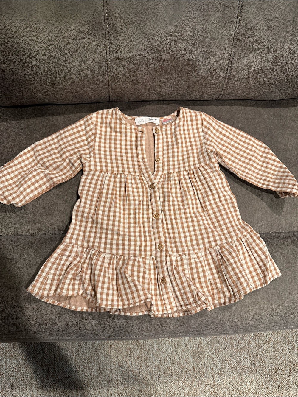 Zara Beige Gingham Button-Front Girls Dress